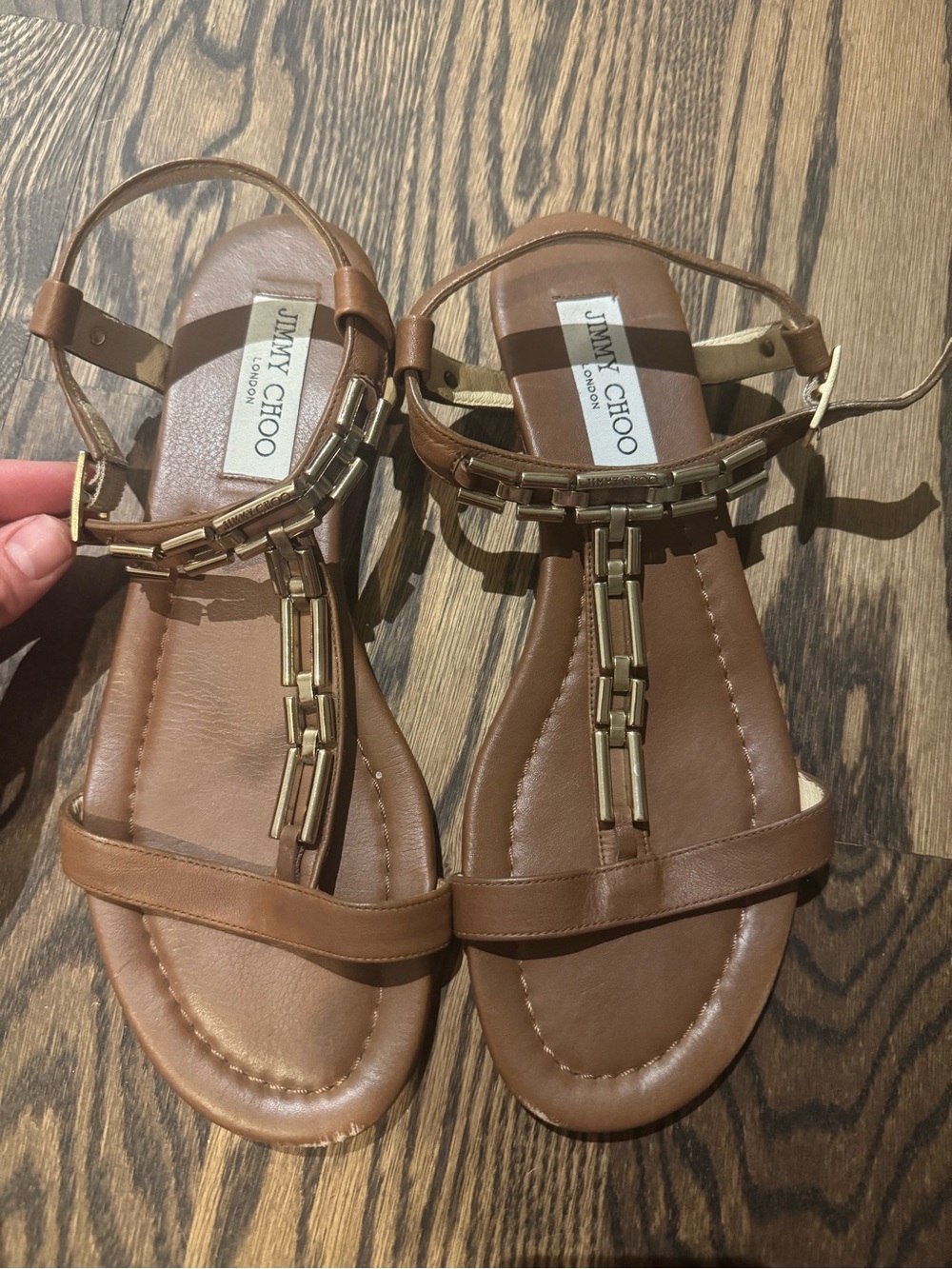 Jimmy Choo Tan Leather T-Strap Sandals with Gold Chain Detail